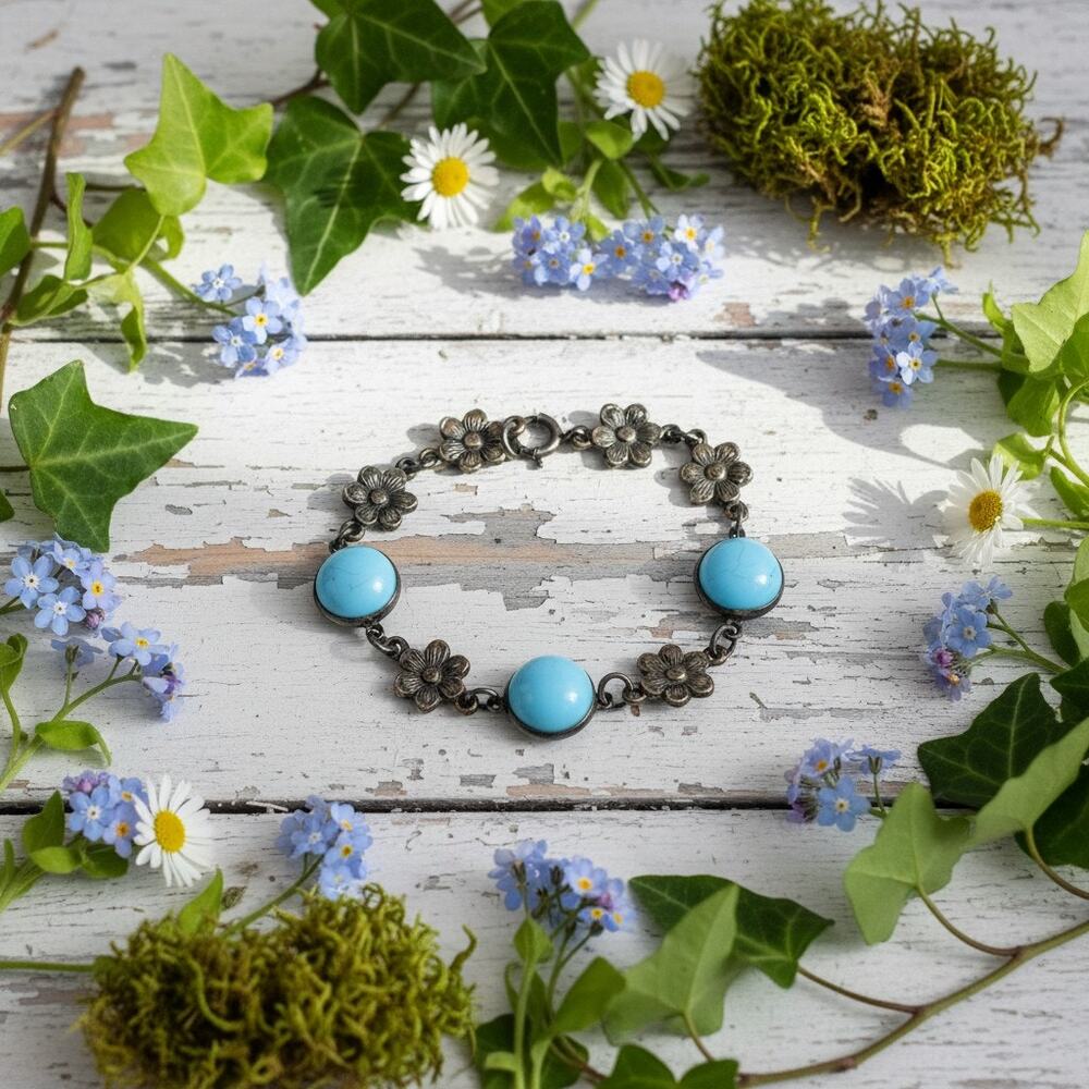 Vintage Sterling Silver Baby Bracelet-Blue Glass Cabochon-Floral-Child-Infant